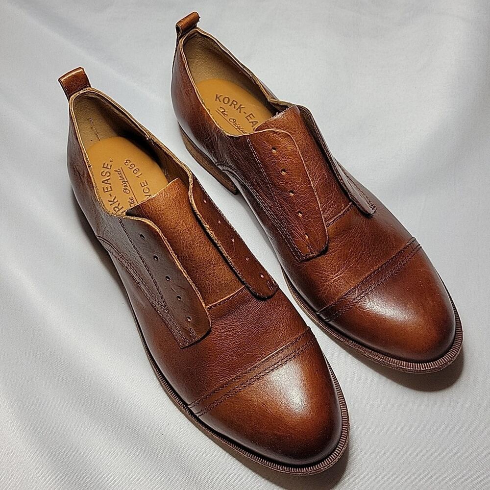 Kork-Ease Rori Oxford Shoe Women Tan Rum Leather Cap Laceless Up Slip On Flat - Picture 2 of 11